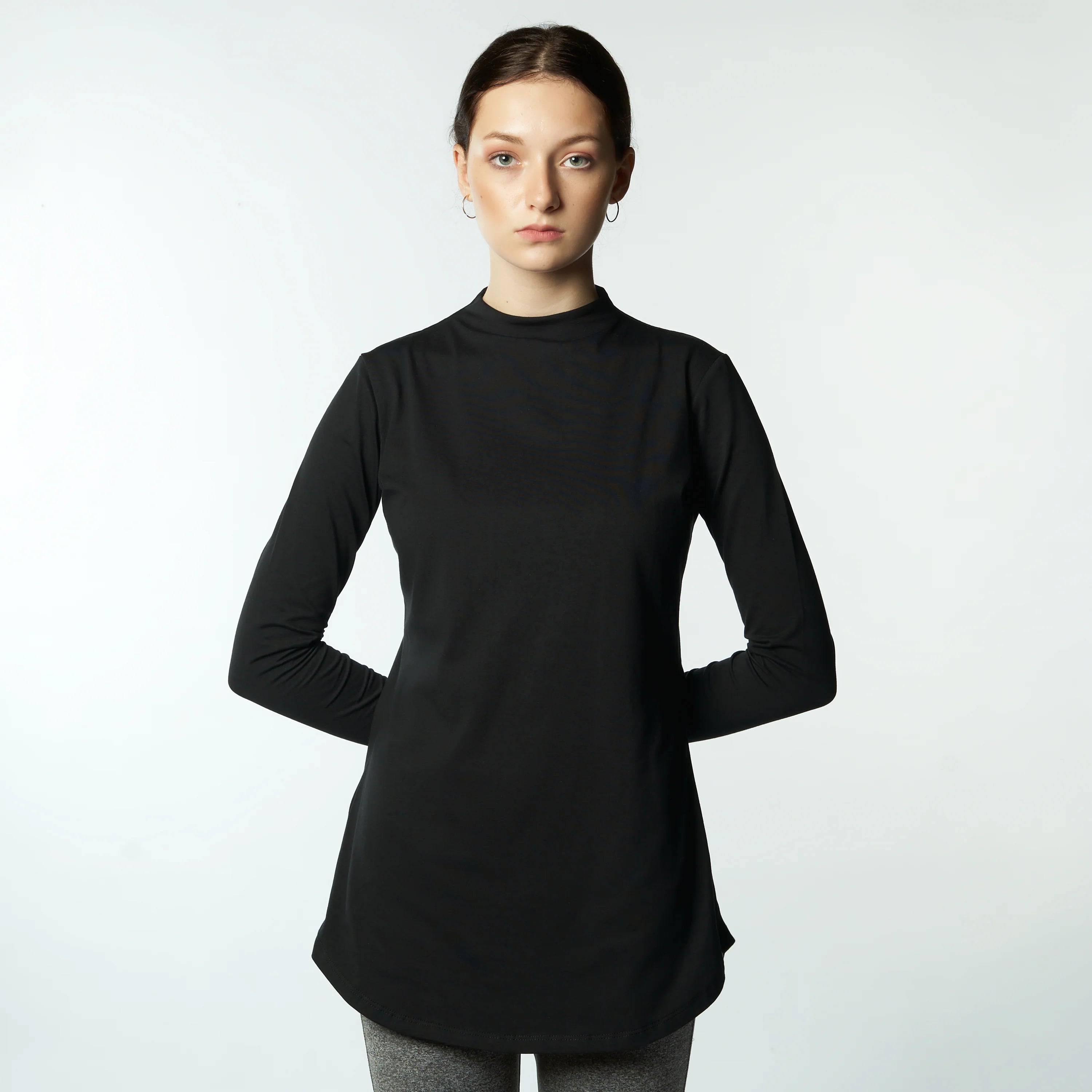 Double Layer Long Fit Long Sleeves Basic T-Shirt- Black