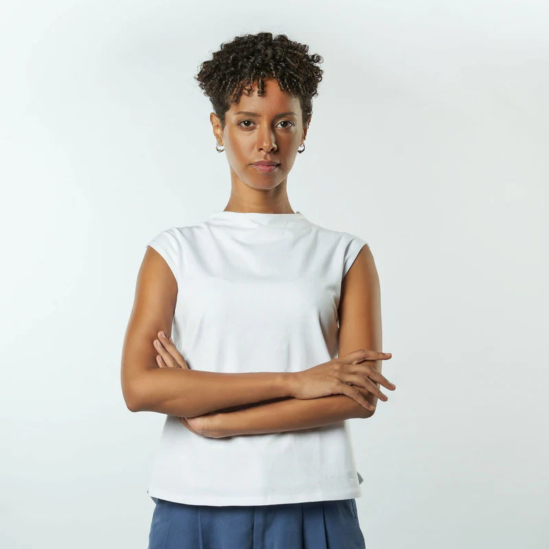 Double Layer Short Fit Sleeveless Basic T-Shirt-White