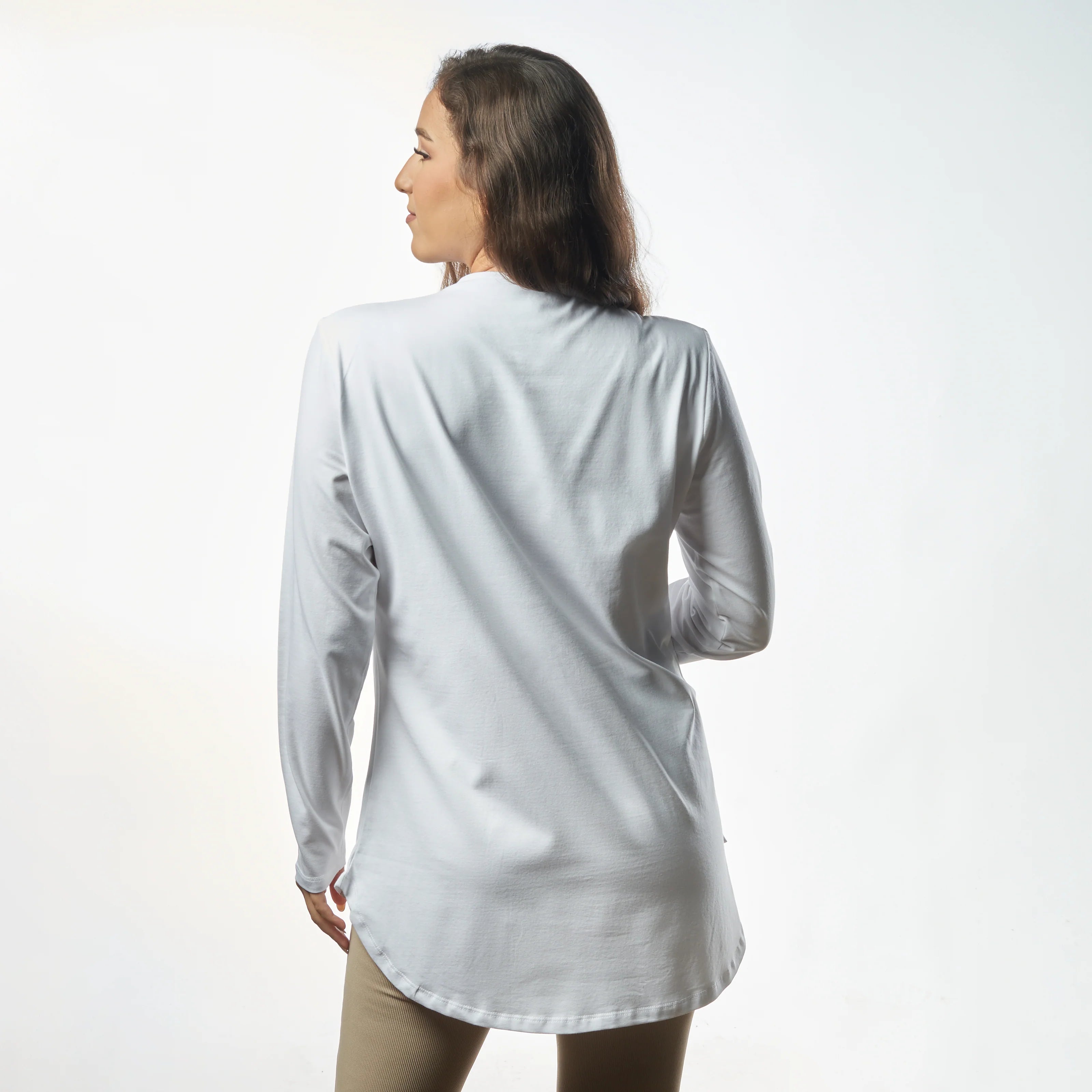 Double Layer Long Fit Long Sleeves Basic T-Shirt- White