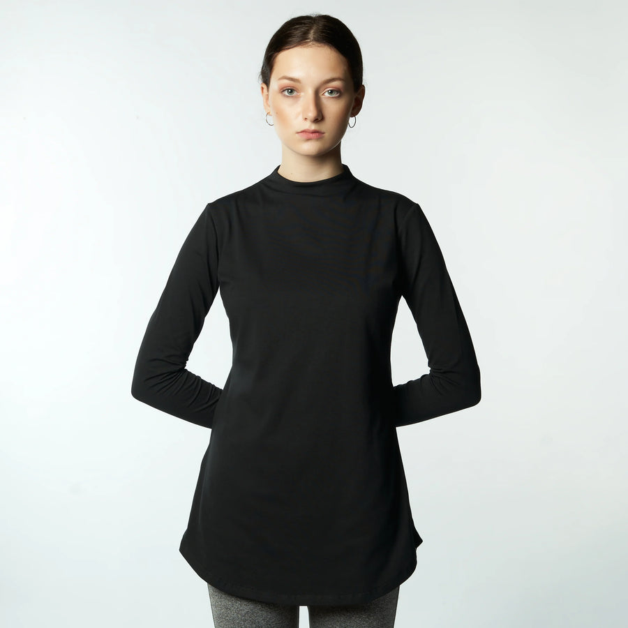 Double Layer Long Fit Long Sleeves Basic T-Shirt- Black