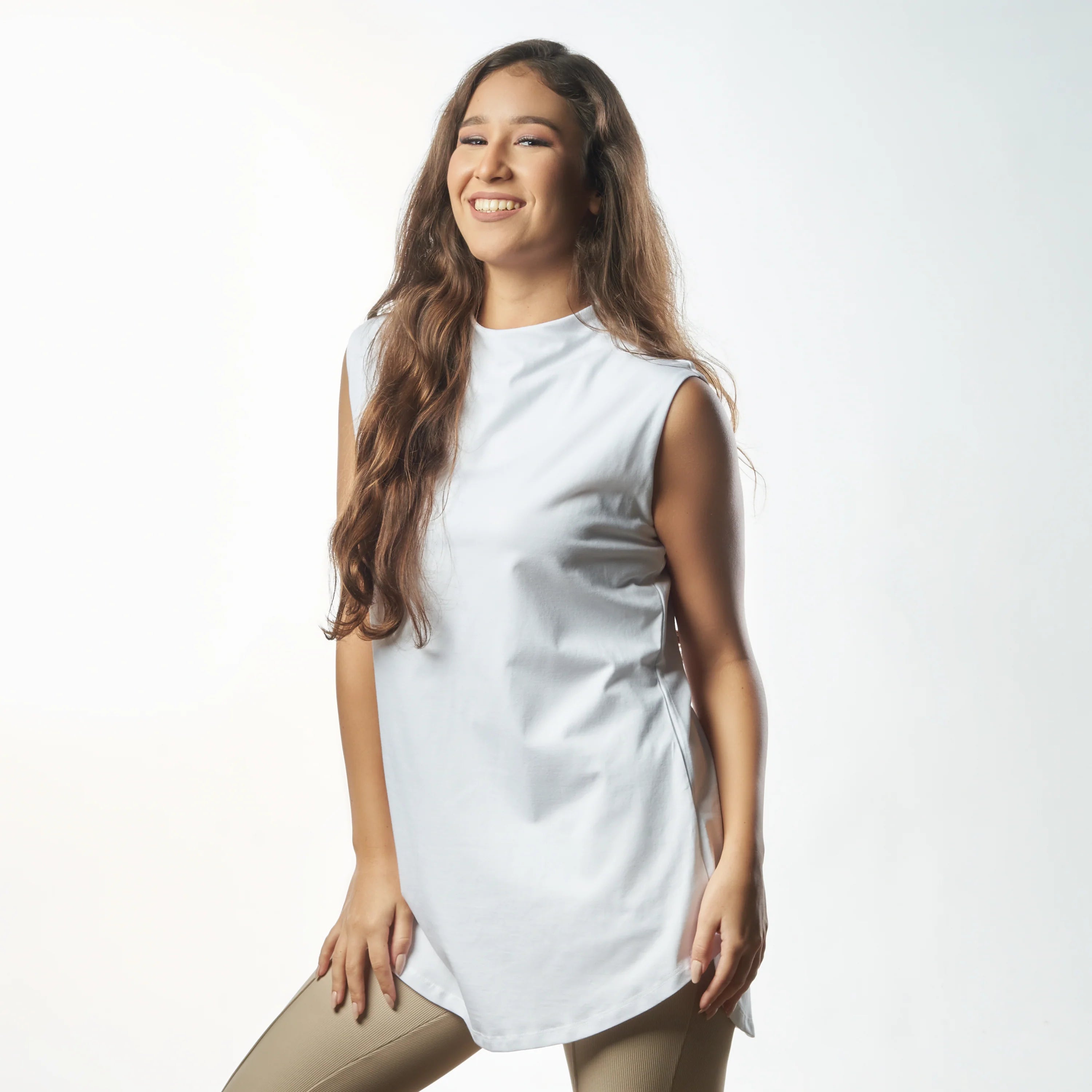 Double Layer Long Fit Sleeveless Basic T-Shirt-White