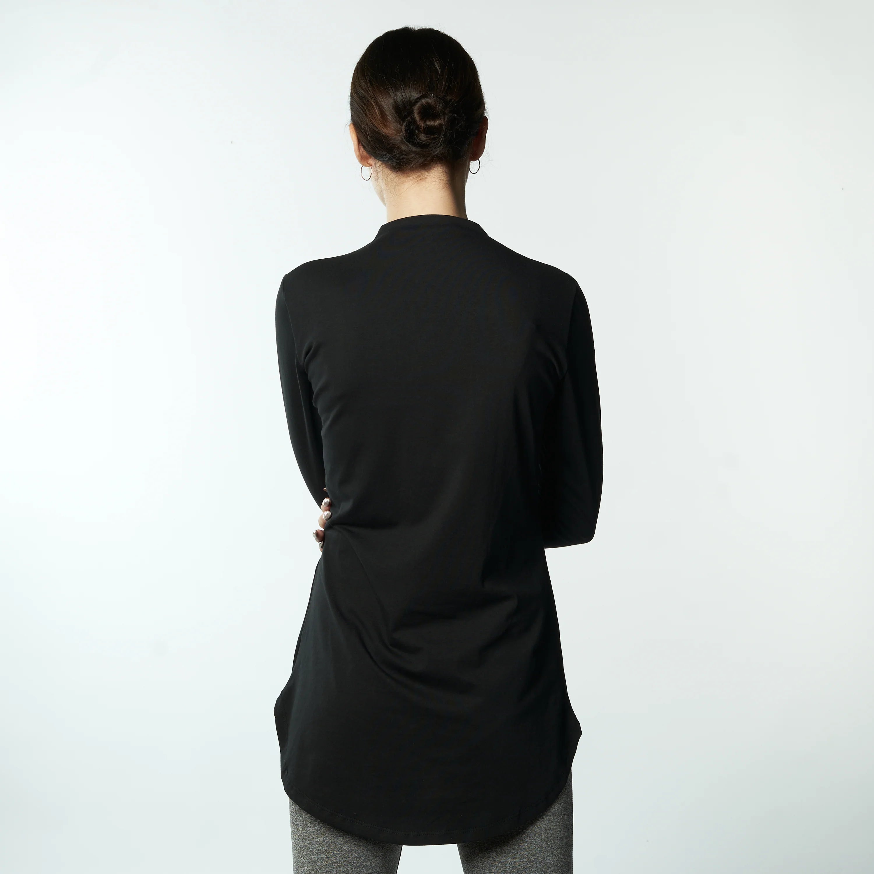 Double Layer Long Fit Long Sleeves Basic T-Shirt- Black