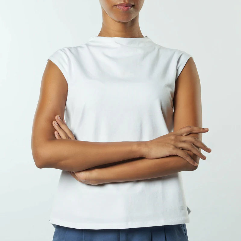 Double Layer Short Fit Sleeveless Basic T-Shirt-White