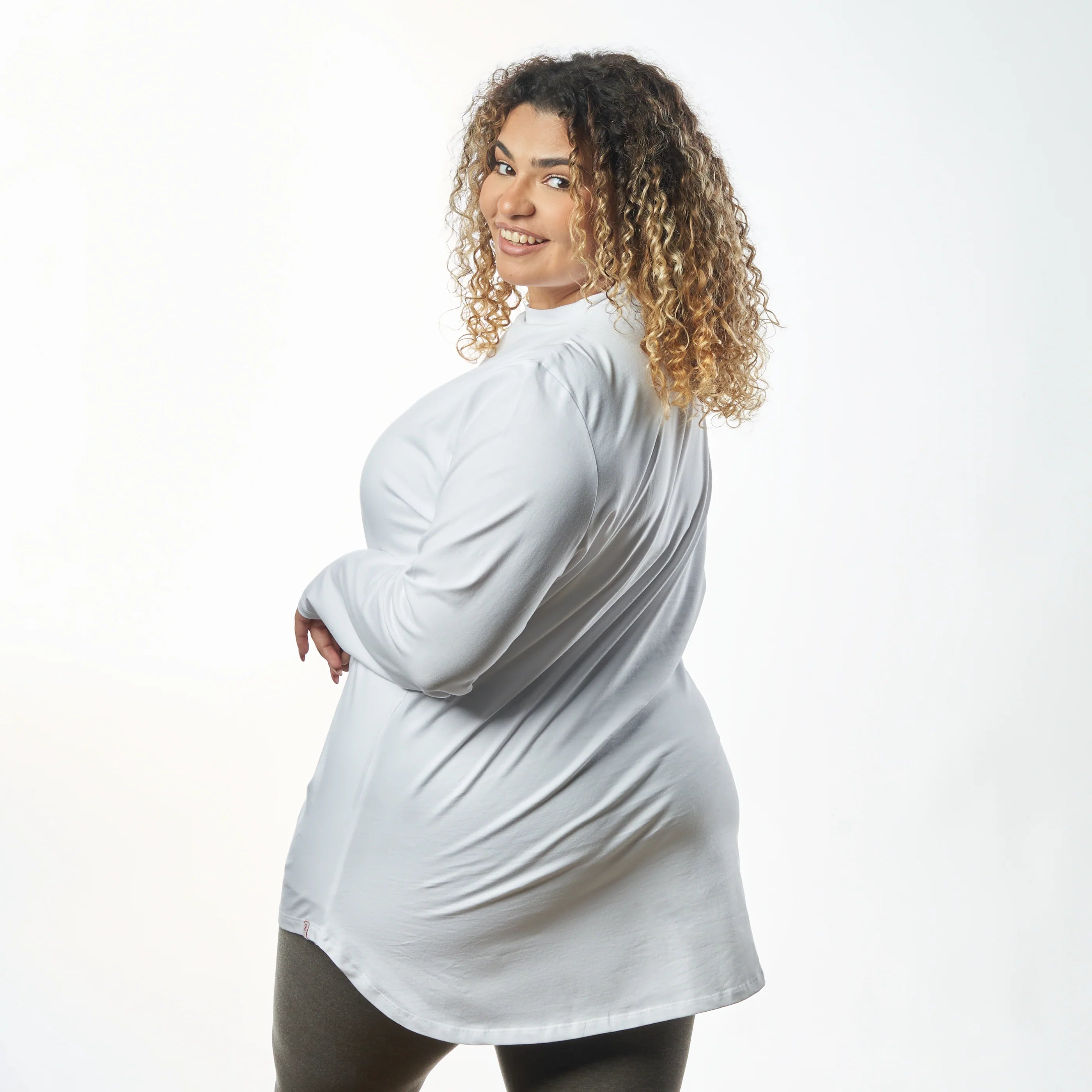 Double Layer Long Fit Long Sleeves Basic T-Shirt- White
