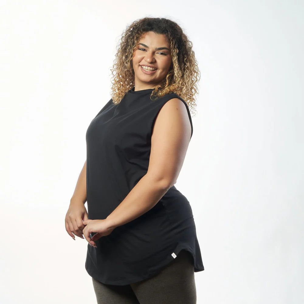 Double Layer Long Fit Sleeveless Basic T-Shirt-Black