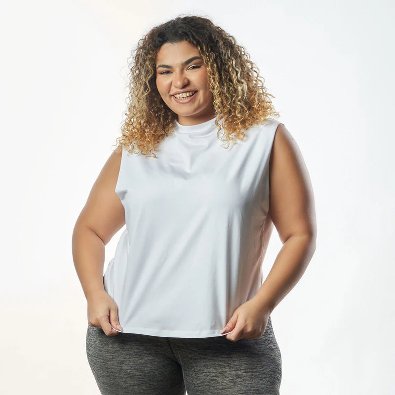 Double Layer Short Fit Sleeveless Basic T-Shirt-White
