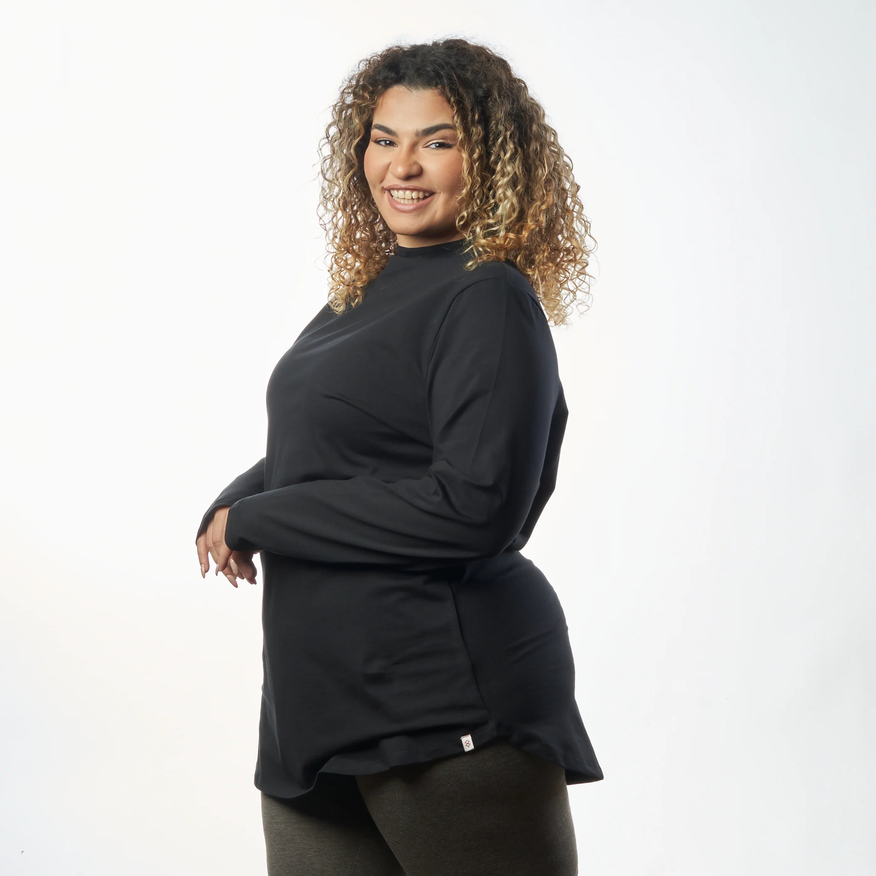 Double Layer Long Fit Long Sleeves Basic T-Shirt- Black