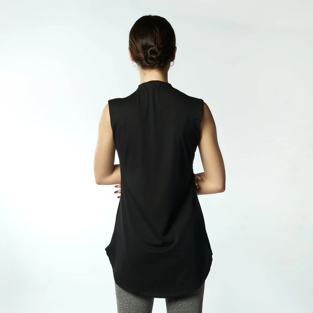 Double Layer Long Fit Sleeveless Basic T-Shirt-Black