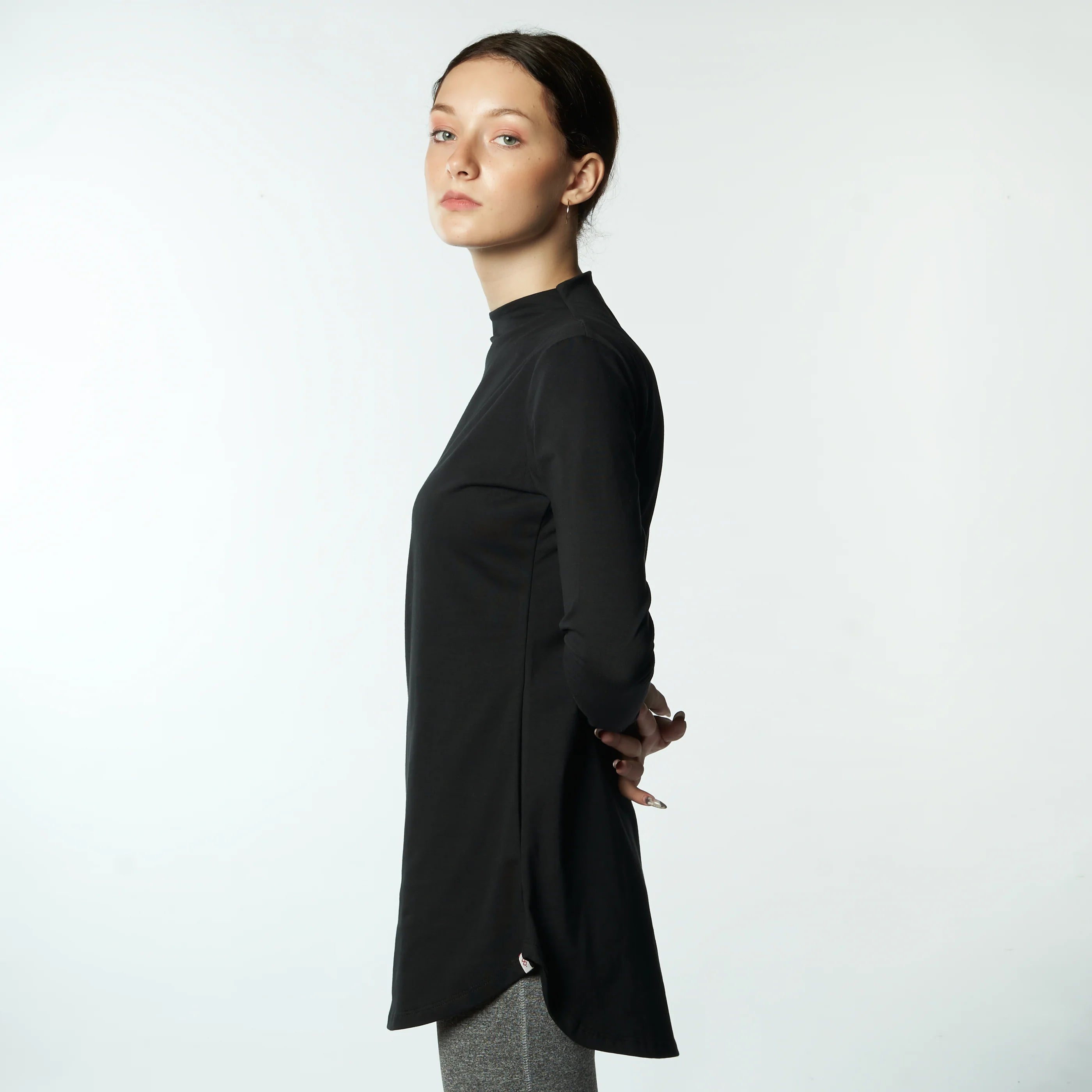 Double Layer Long Fit Long Sleeves Basic T-Shirt- Black