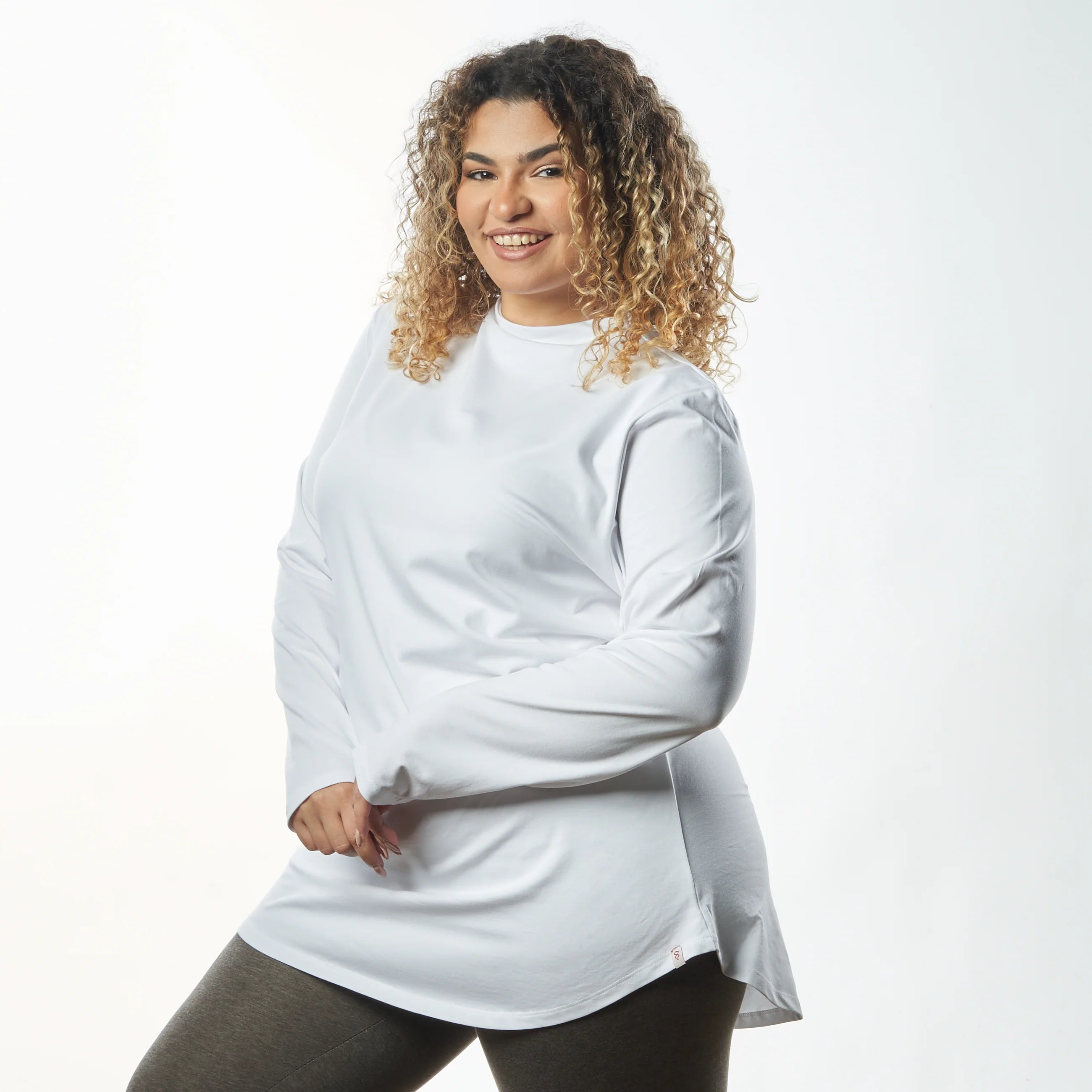 Double Layer Long Fit Long Sleeves Basic T-Shirt- White