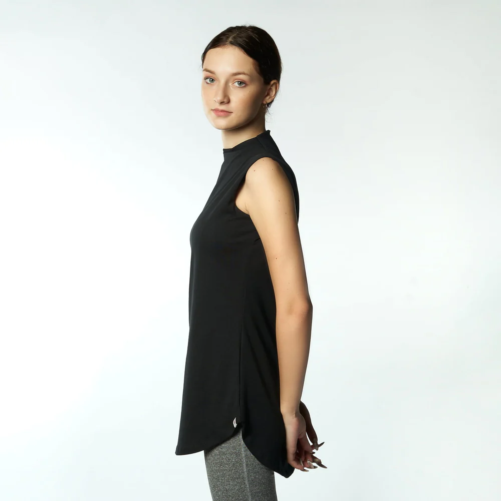 Double Layer Long Fit Sleeveless Basic T-Shirt-Black