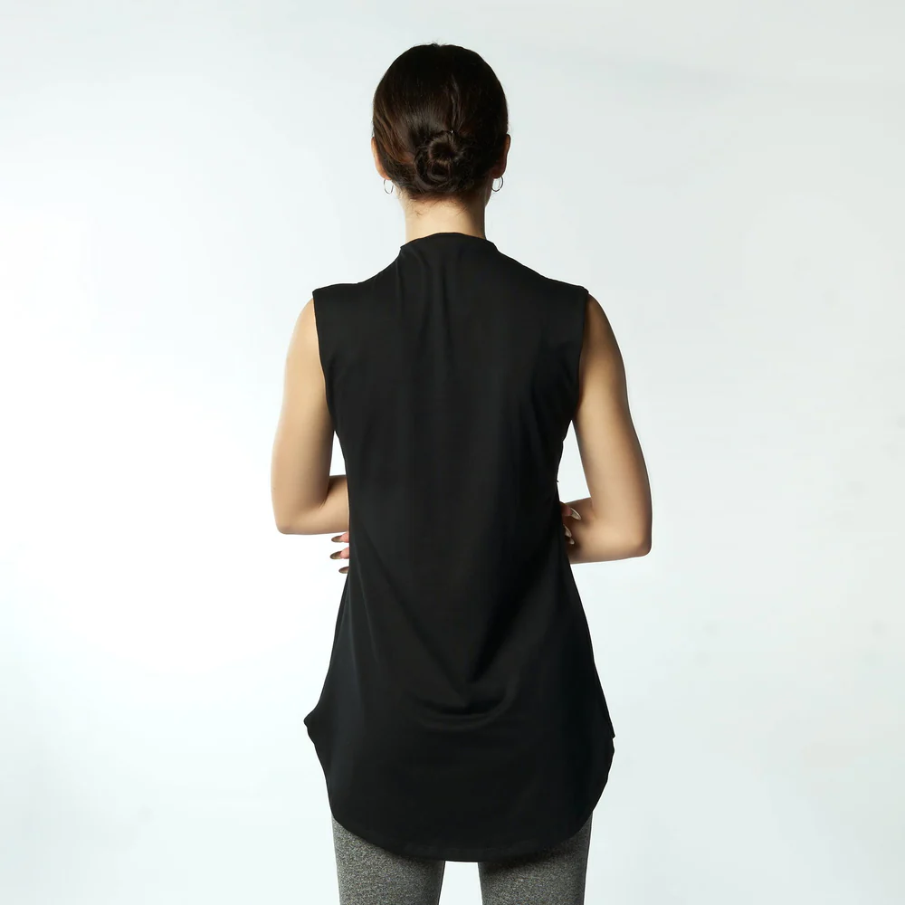 Double Layer Long Fit Sleeveless Basic T-Shirt-Black