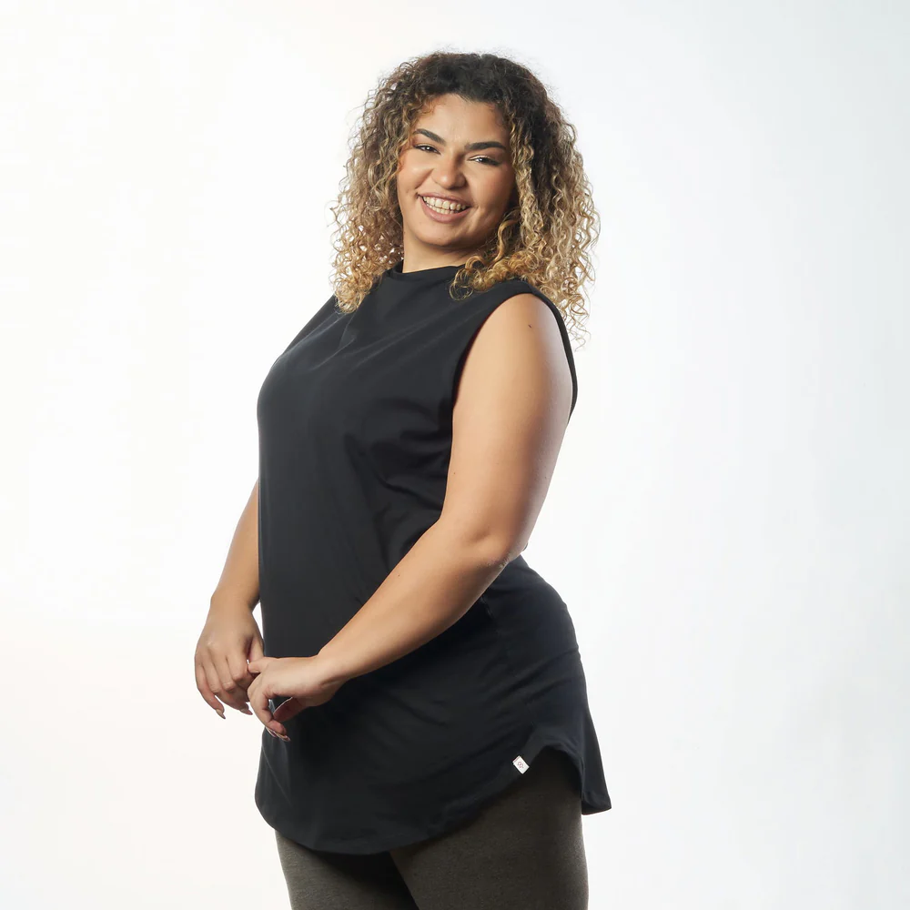 Double Layer Long Fit Sleeveless Basic T-Shirt-Black