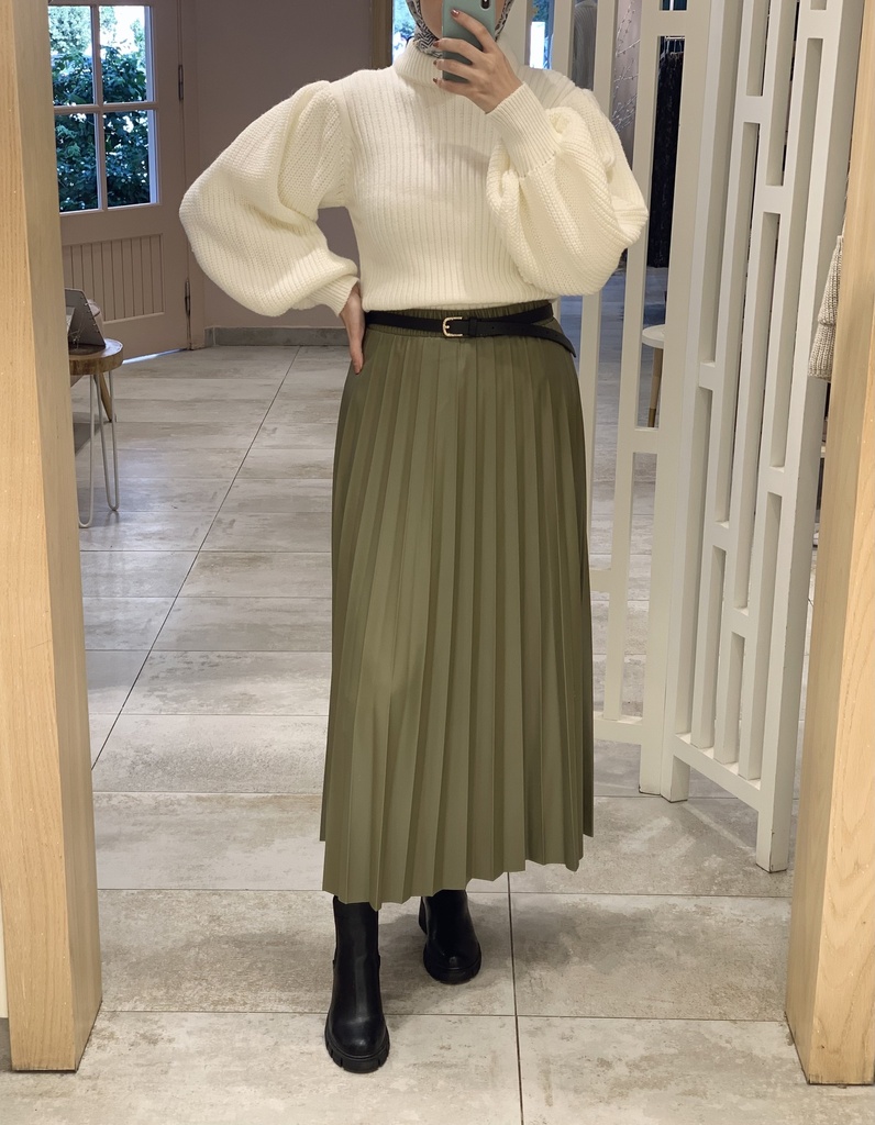 Olive Accordion leather Skirt