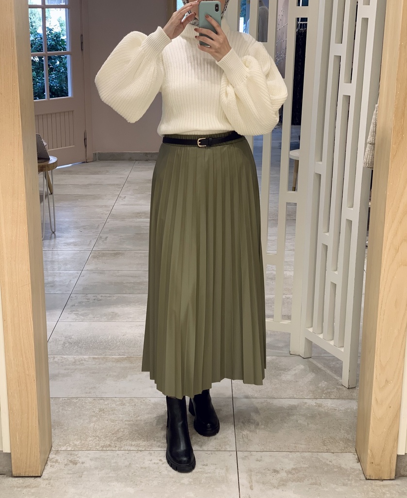 Olive Accordion leather Skirt