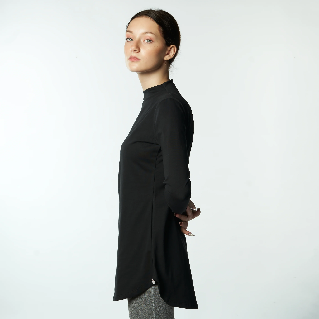 Double Layer Long Fit Long Sleeves Basic T-Shirt- Black  