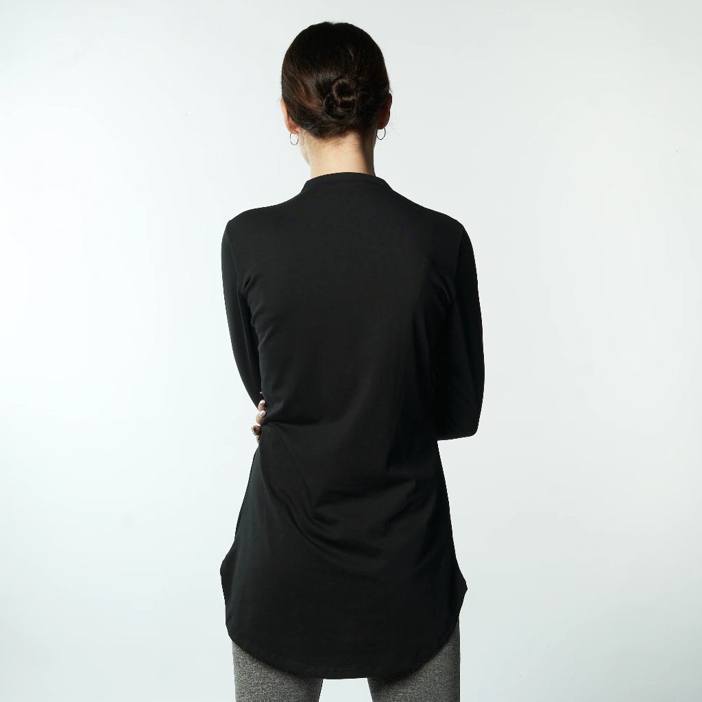 Double Layer Long Fit Long Sleeves Basic T-Shirt- Black  