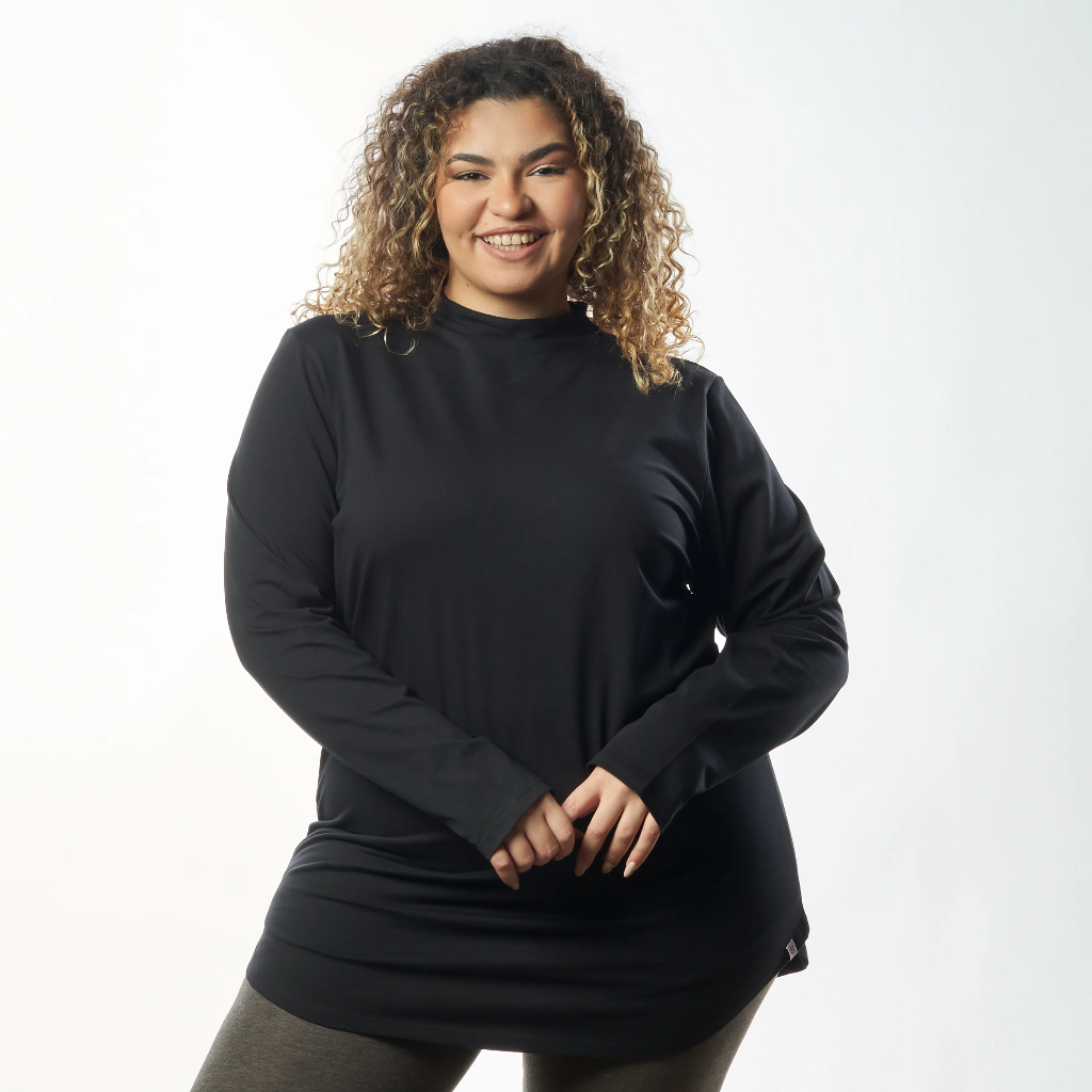 Double Layer Long Fit Long Sleeves Basic T-Shirt- Black  