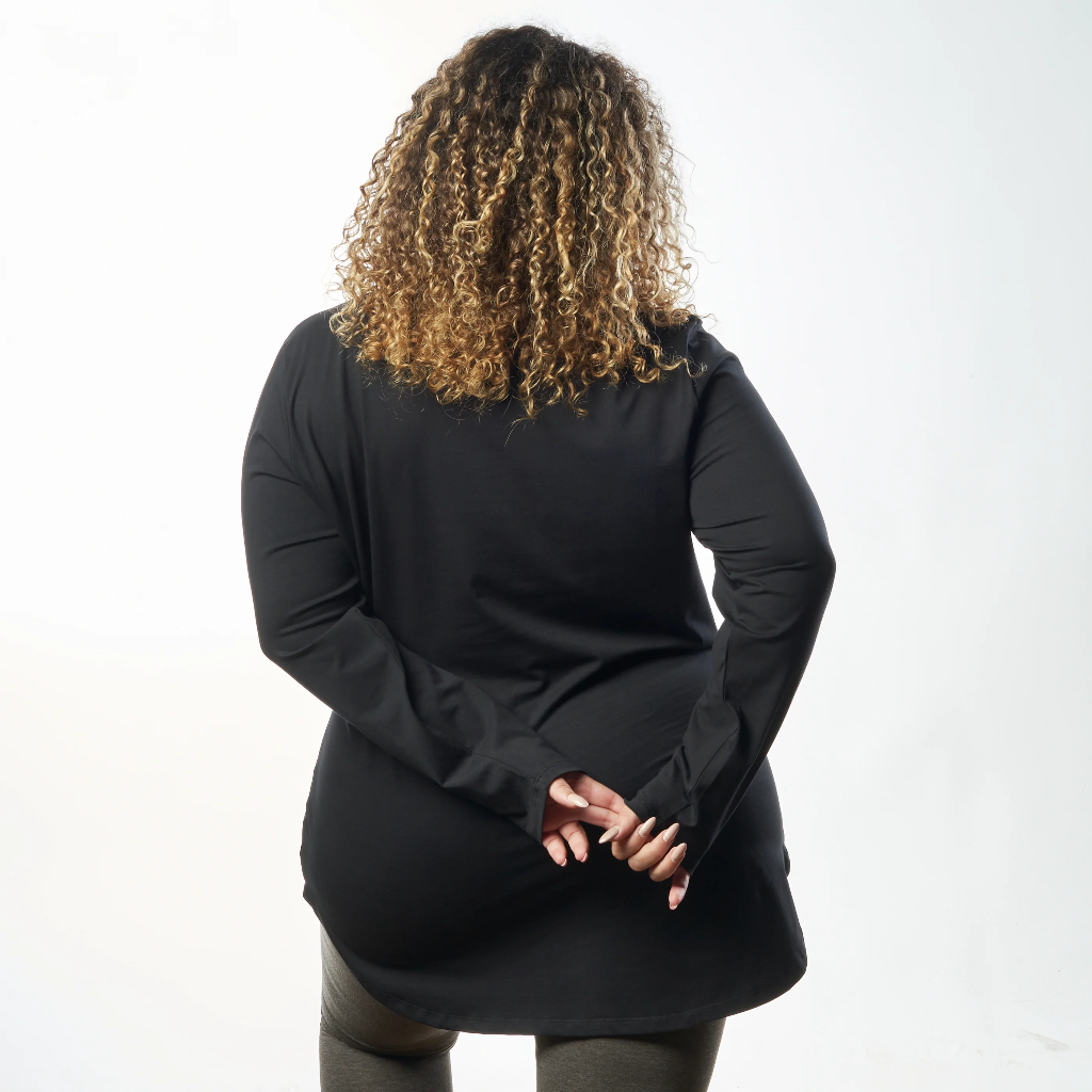 Double Layer Long Fit Long Sleeves Basic T-Shirt- Black  