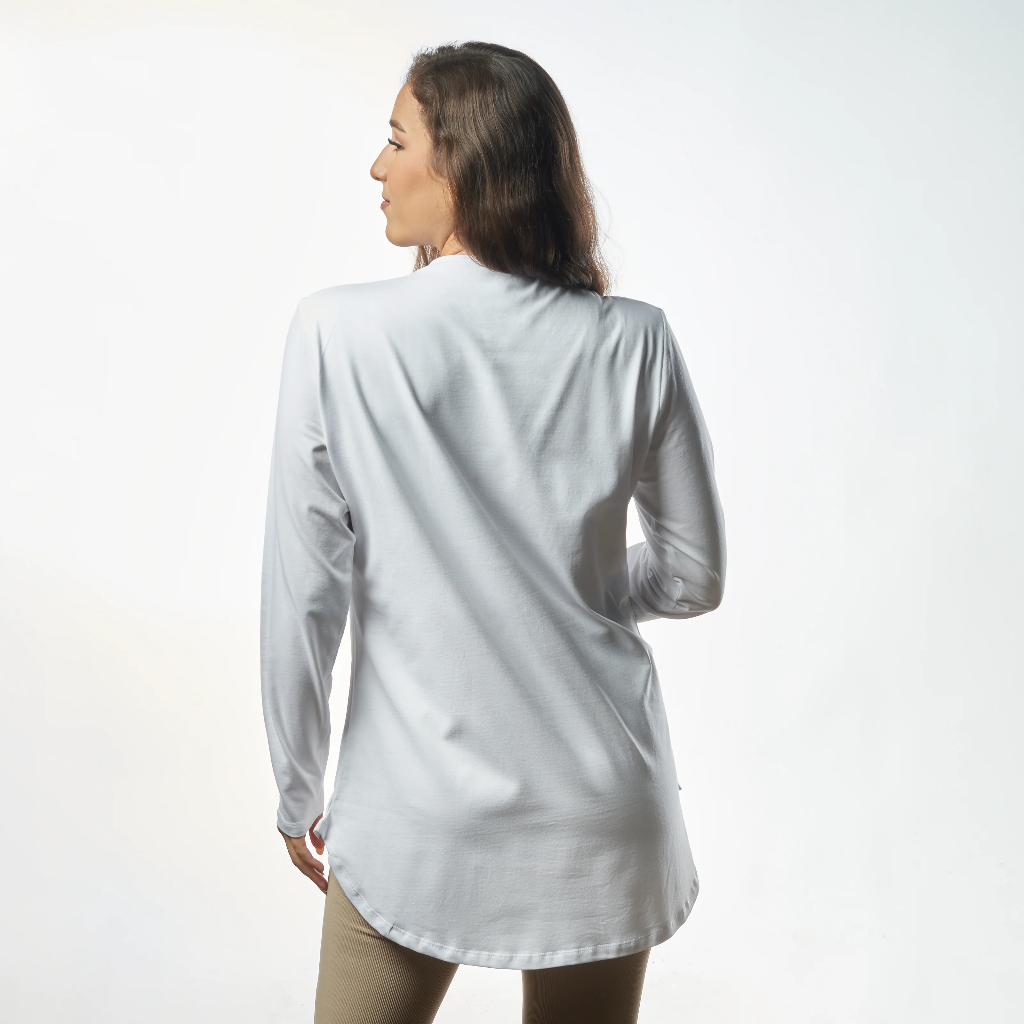 Double Layer Long Fit Long Sleeves Basic T-Shirt- White