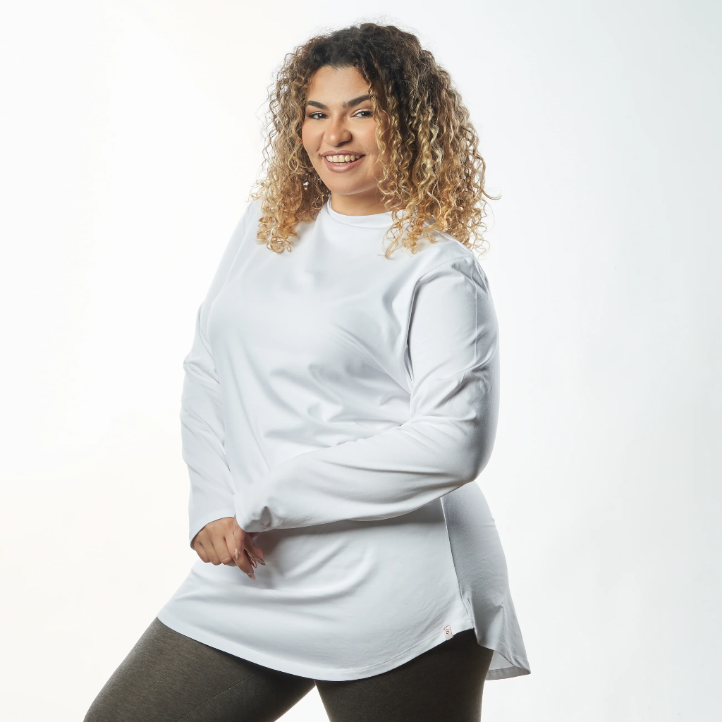 Double Layer Long Fit Long Sleeves Basic T-Shirt- White