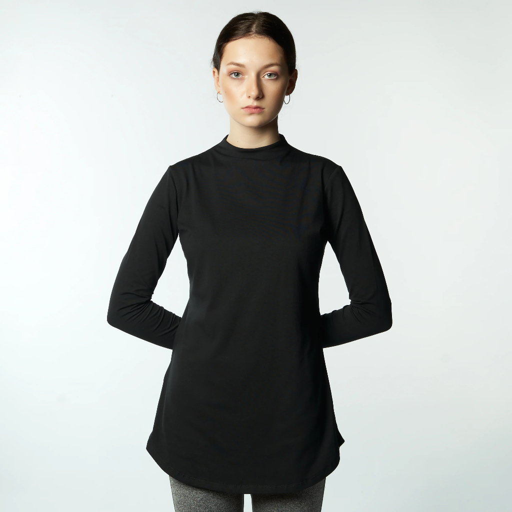 Double Layer Long Fit Long Sleeves Basic T-Shirt- Black  