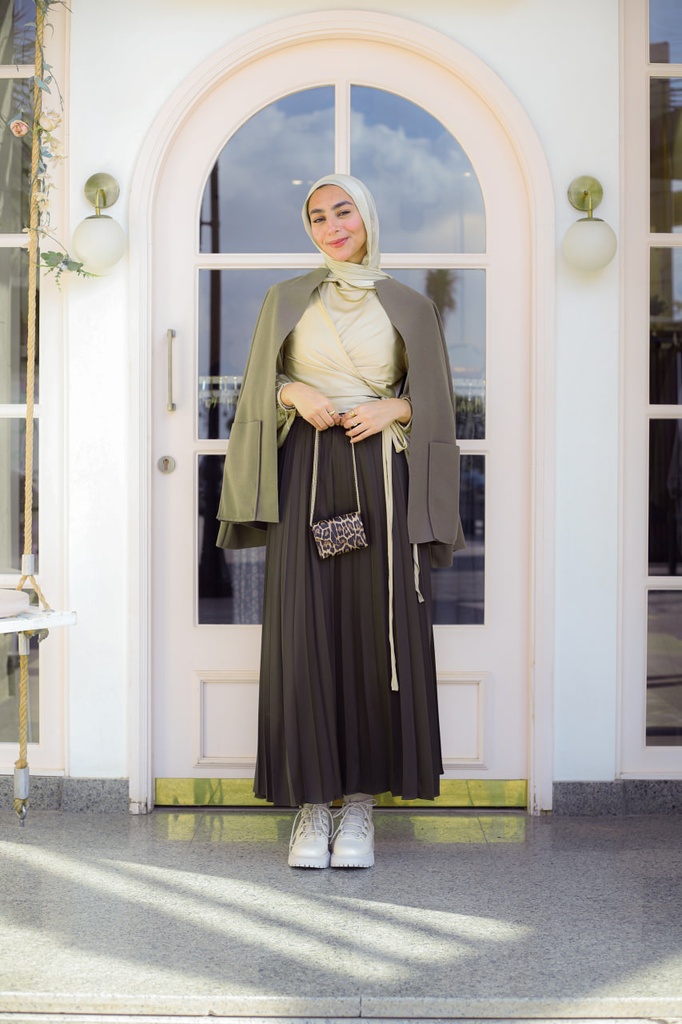 Olive Satin Accordion Skirt
