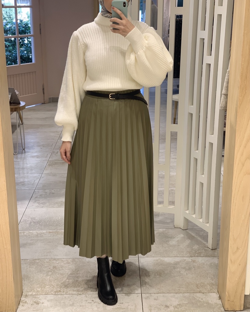 Olive Accordion leather Skirt