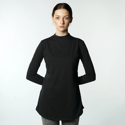 Double Layer Long Fit Long Sleeves Basic T-Shirt- Black  